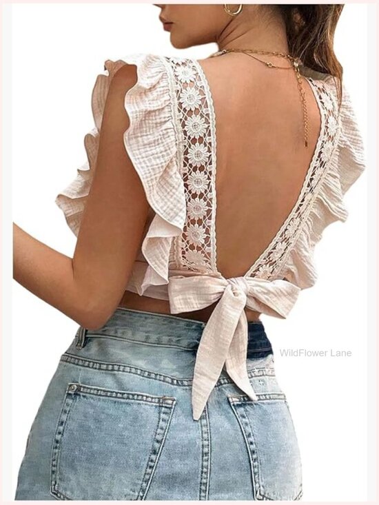 Tops - Ruffle Trim Floral Embroidery Crop Top Tie Back Blouse